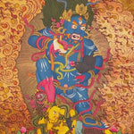 Black Zambhala thangka with wrathful wealth deity surrounded by flames