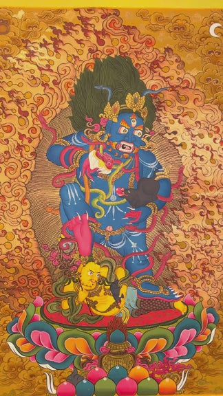 Black Zambhala thangka with wrathful wealth deity surrounded by flames