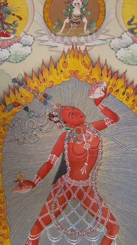 Vajrayana Buddhist Vajrayogini painting with lineage masters and tantric symbolism