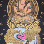 Monju Bosatsu thangka painting seated on sacred lion with wisdom sword in black and gold style