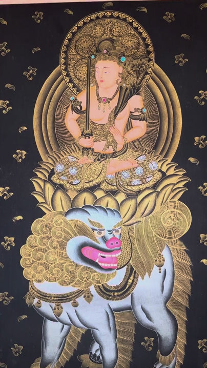 Monju Bosatsu thangka painting seated on sacred lion with wisdom sword in black and gold style