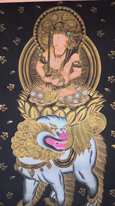 Monju Bosatsu thangka painting seated on sacred lion with wisdom sword in black and gold style