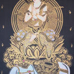 Samantabhadra Fugen Bosatsu thangka seated on white elephant in black and gold style