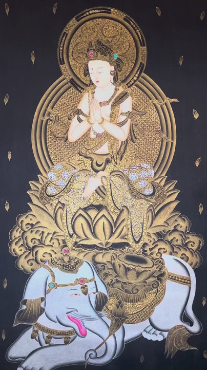 Samantabhadra Fugen Bosatsu thangka seated on white elephant in black and gold style
