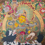 Five Singh Zambhala thangka with Yellow Zambhala riding snow lion on golden background