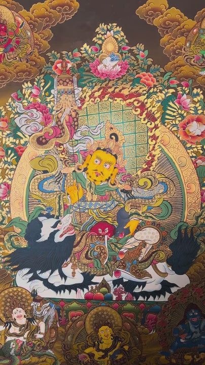 Five Singh Zambhala thangka with Yellow Zambhala riding snow lion on golden background