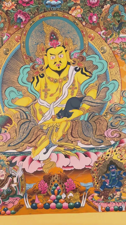 Five Zambhala thangka with central Yellow Zambhala and vibrant Buddhist symbolism