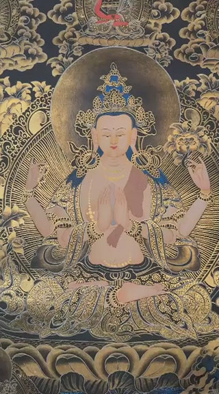 black gold avalokiteshvara thangka with lotus throne