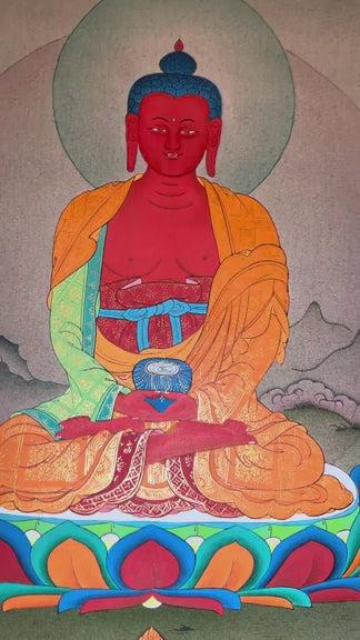 amitabha buddha meditation thangka on lotus throne