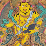 Five Zambhala thangka with central Yellow Zambhala and vibrant Buddhist symbolism