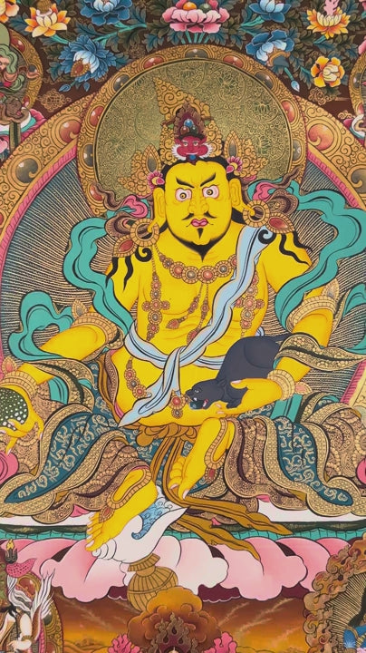 Five Zambhala thangka with central Yellow Zambhala and vibrant Buddhist symbolism