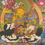Singha Zambhala thangka with deity riding snow lion on blue background