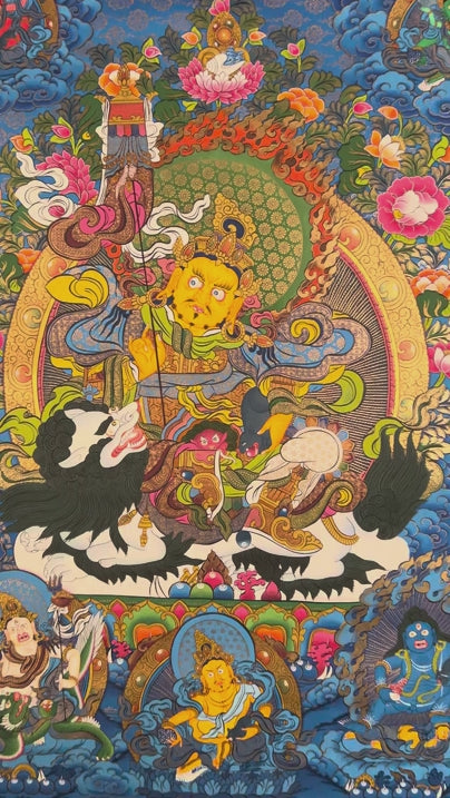 Singha Zambhala thangka with deity riding snow lion on blue background