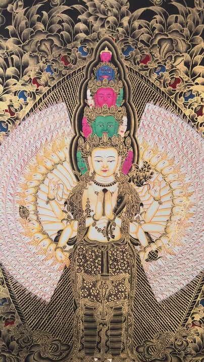 Thousand armed Avalokiteshvara thangka gold Chenrezig painting with multiple arms and faces in detailed traditional design