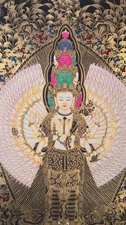 Thousand armed Avalokiteshvara thangka gold Chenrezig painting with multiple arms and faces in detailed traditional design