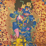 Black Zambhala thangka painting with fiery aura and lotus throne