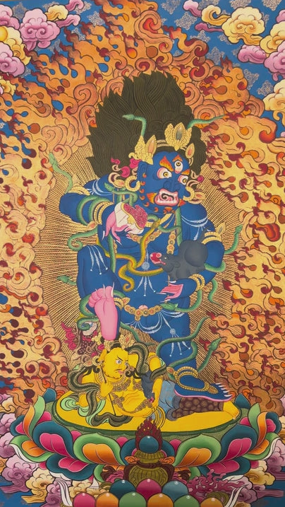 Black Zambhala thangka painting with fiery aura and lotus throne
