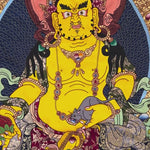 Yellow Zambala thangka painting Tibetan wealth deity seated on lotus holding jewel and mongoose in detailed landscape