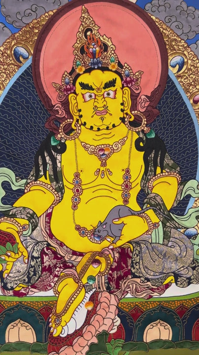 Yellow Zambala thangka painting Tibetan wealth deity seated on lotus holding jewel and mongoose in detailed landscape
