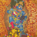 Black Zambhala thangka with wrathful wealth deity surrounded by flames