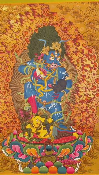 Black Zambhala thangka with wrathful wealth deity surrounded by flames