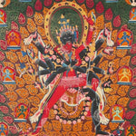 Kalachakra thangka painting Tibetan wrathful deity with multiple arms in intricate mandala style composition