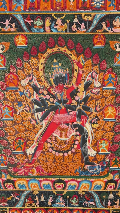 Kalachakra thangka painting Tibetan wrathful deity with multiple arms in intricate mandala style composition