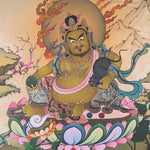 Zambala thangka painting Tibetan wealth deity seated on lotus with mongoose and jewels in traditional Himalayan landscape