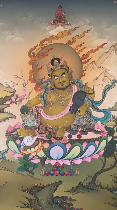 Zambala thangka painting Tibetan wealth deity seated on lotus with mongoose and jewels in traditional Himalayan landscape
