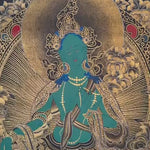 green tara thangka with lotus throne and gold detailing