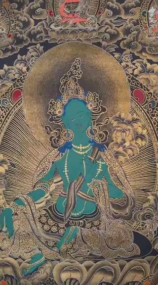 green tara thangka with lotus throne and gold detailing