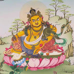 Yellow Zambala thangka painting Tibetan wealth deity seated on lotus with mongoose and jewels in Himalayan landscape