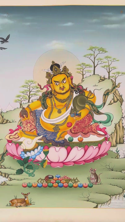 Yellow Zambala thangka painting Tibetan wealth deity seated on lotus with mongoose and jewels in Himalayan landscape
