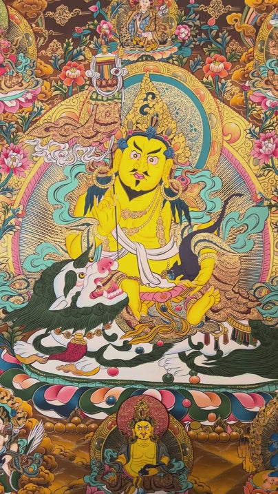 Five Singh Zambhala thangka with Yellow Zambhala riding snow lion