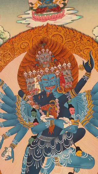 Hand-painted Hayagriva thangka with multiple arms and wrathful compassionate form