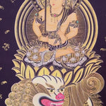 Monju Bosatsu thangka painting seated on lion with wisdom sword 