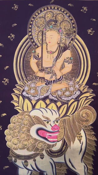 Monju Bosatsu thangka painting seated on lion with wisdom sword 