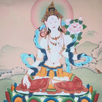 white tara meditation thangka on lotus throne