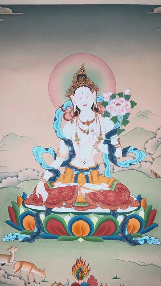 white tara meditation thangka on lotus throne