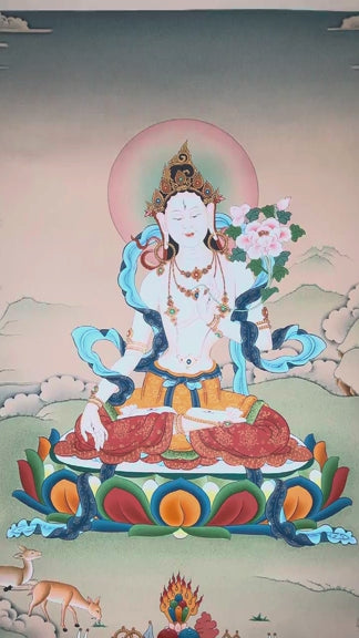 white tara meditation thangka on lotus throne