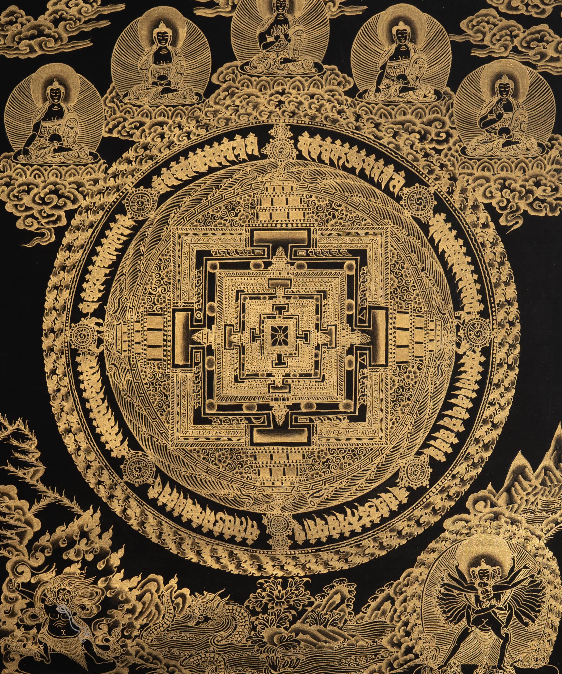 Golden Kalachakra Mandala Thangka - Tibetan Painting