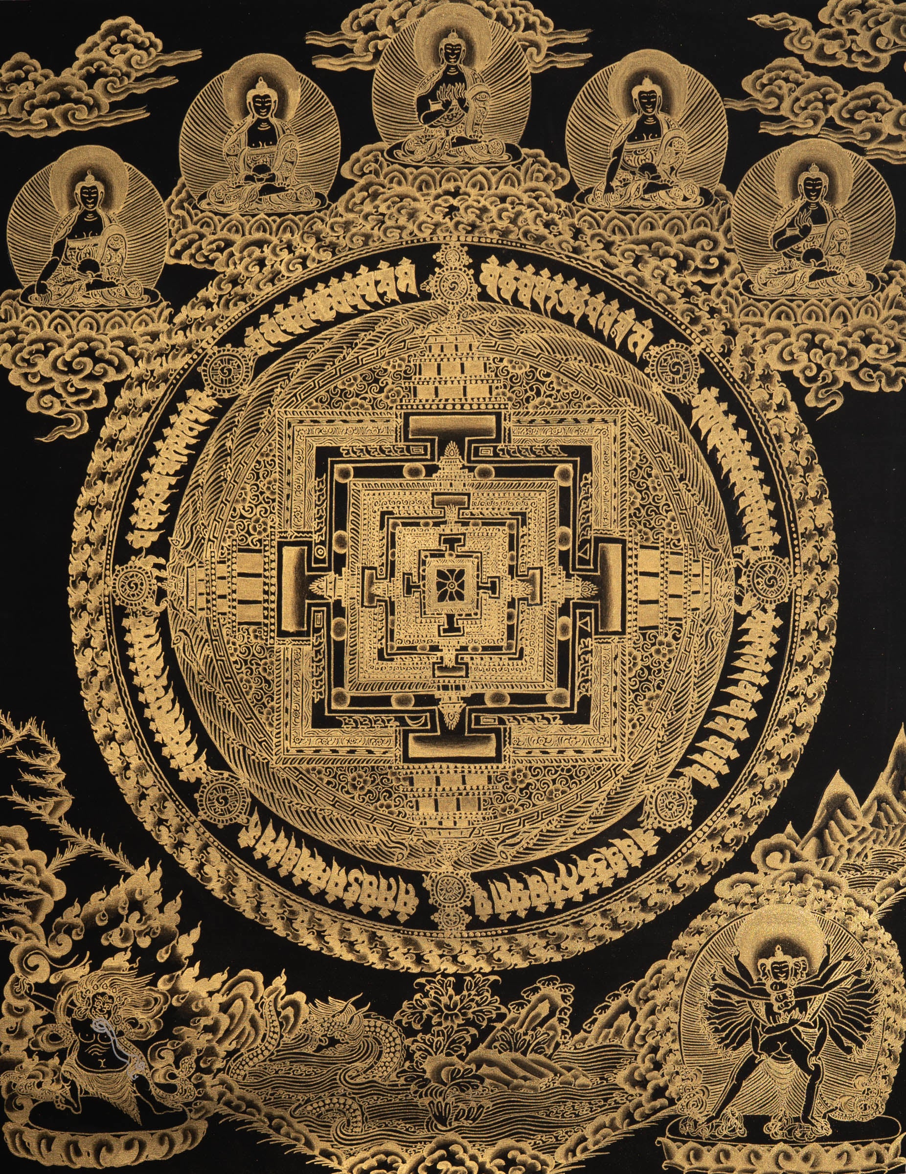 Golden Kalachakra Mandala Thangka - Tibetan Painting