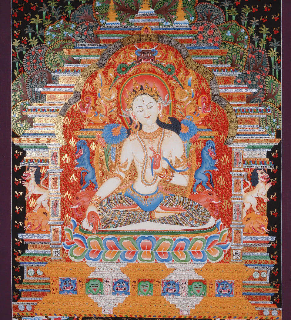 White Tara (Temple) Thangka Painting for prayer and meditation.