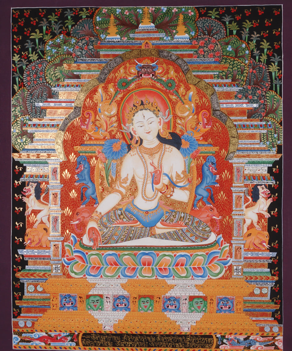 White Tara (Temple) Thangka Painting for prayer and meditation.