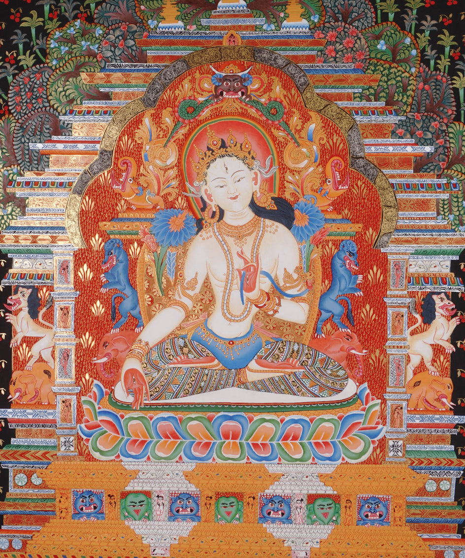 White Tara (Temple) Thangka Painting for prayer and meditation.