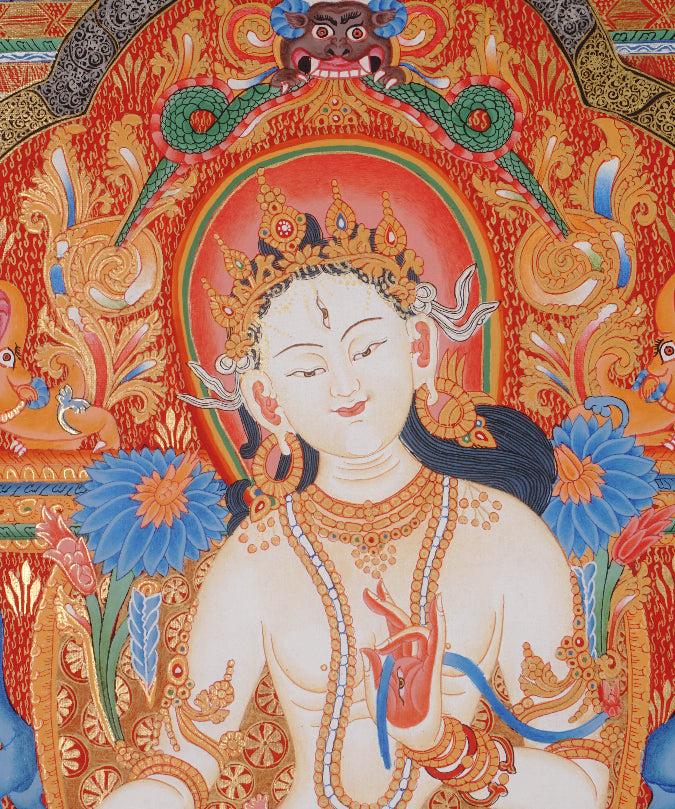 White Tara (Temple) Thangka Painting for prayer and meditation.