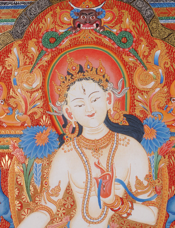 White Tara (Temple) Thangka Painting for prayer and meditation.