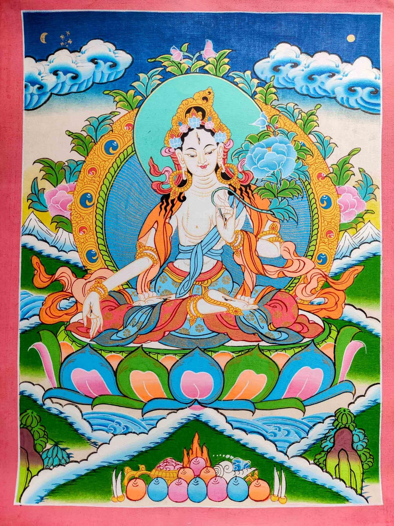 White Tara on blue lotus Thangka painting handmade