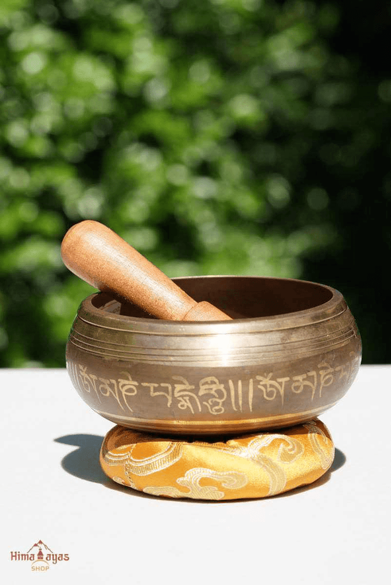 Mini singing bowl with Pancha buddha or 5 Buddha mandala hand carved for sound healing and meditation