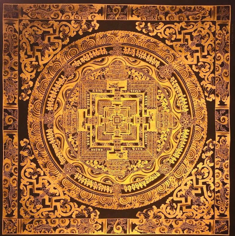 Kalchakra Mandala Black and Gold Thangka painting for wall hanging art